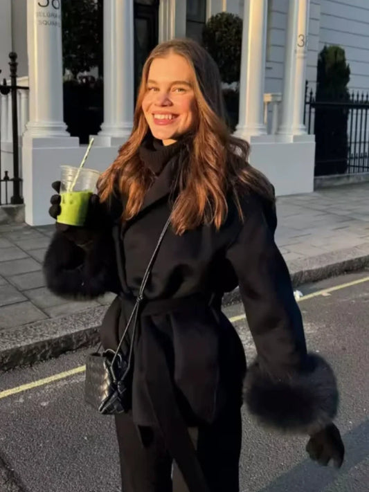 Elegant Lace Up Woolen Short Coat Solid Loose Lapel Furry Belt Long Sleeve Female Jacket 2025 Autumn Winter Lady Chic Cardigan