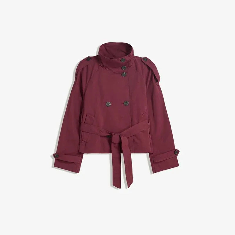 Windbreaker jacket 2025 new retro lapel design with double breasted straps versatile long sleeved short style