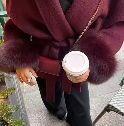 Elegant Lace Up Woolen Short Coat Solid Loose Lapel Furry Belt Long Sleeve Female Jacket 2025 Autumn Winter Lady Chic Cardigan